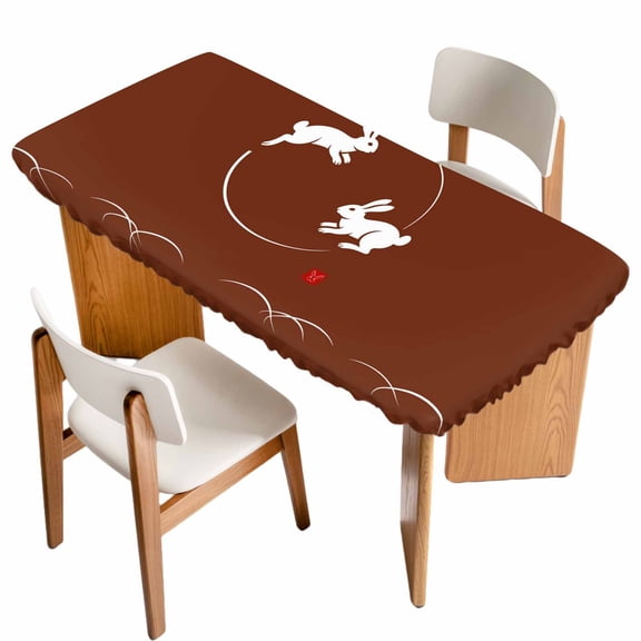 Brown Modern Table Cloths for 4 Foot Rectangle Tables, Farmhouse Rabbit Abstract Art Patio Waterproof Elastic Fitted Tablecloths, Washable Rectangular Table Cover for Camping