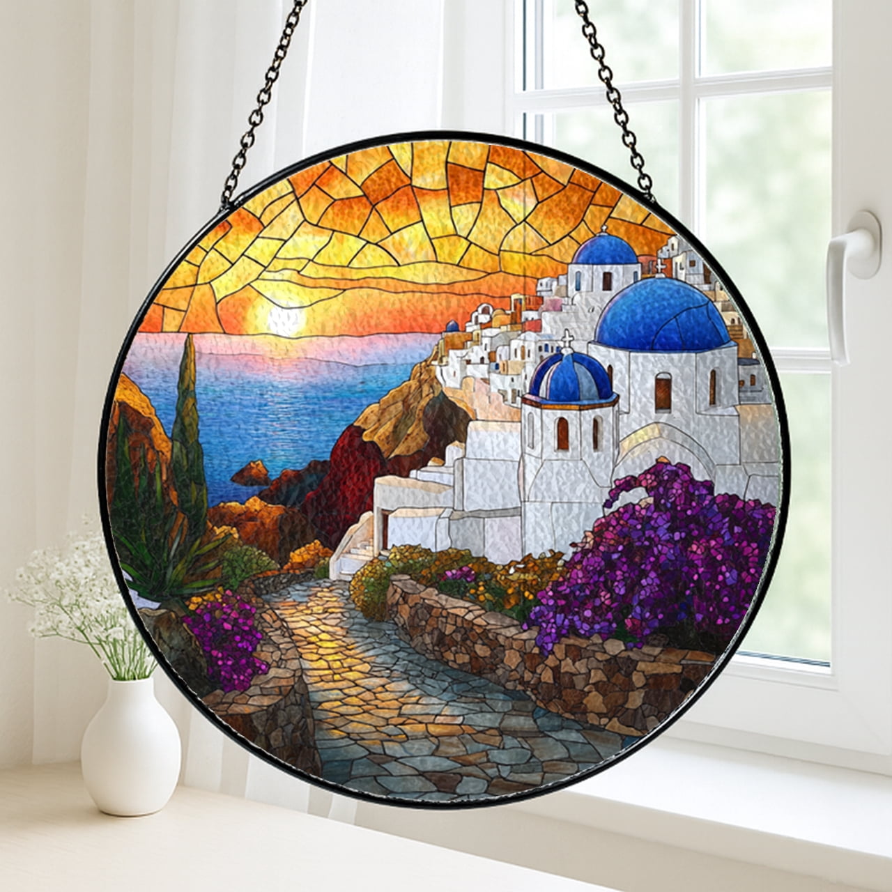 Faux stained glass Santorini panel, serene sunset window hanging for travel inspired decor