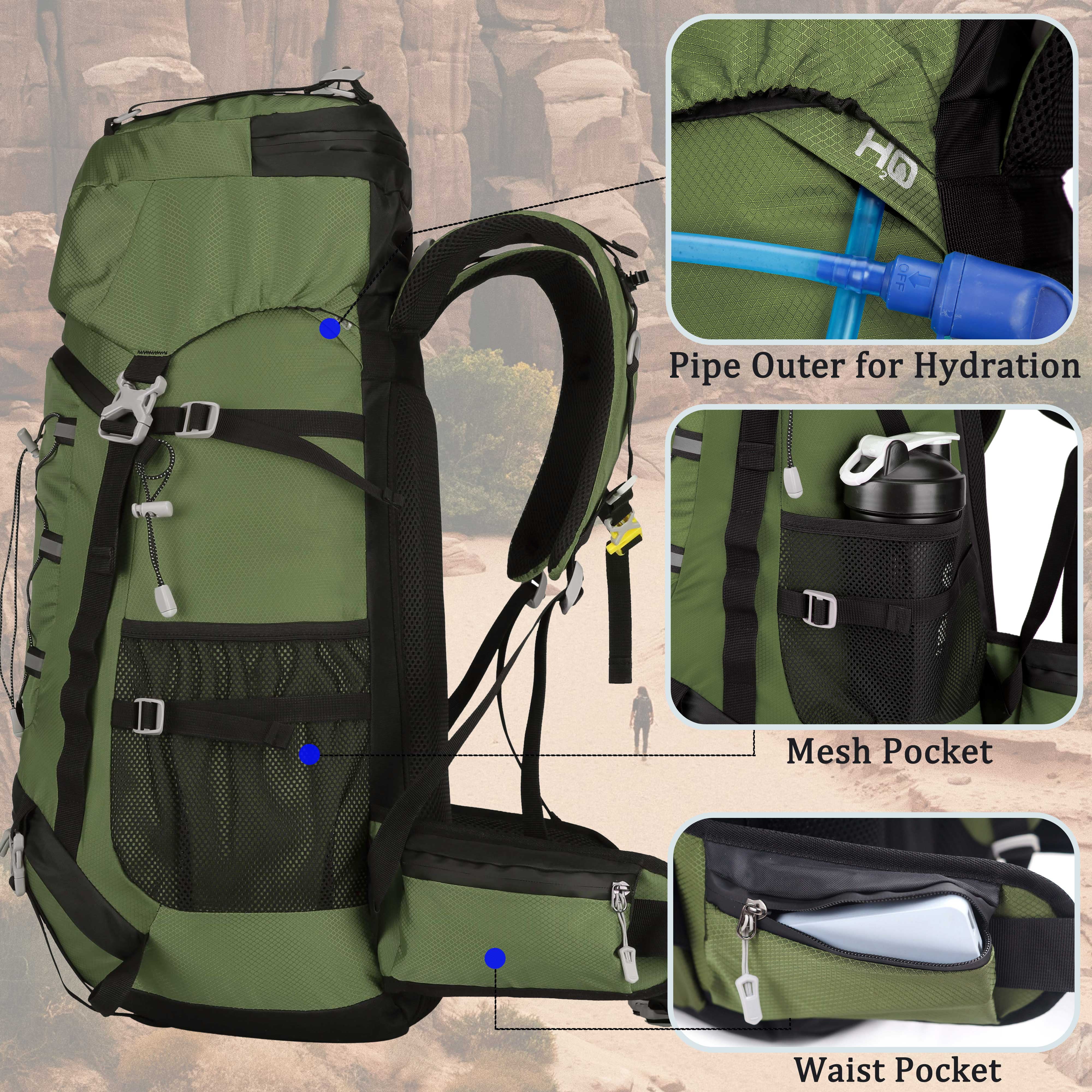 60L Travel Hiking Camping Backpack with Rain Cover, Backpack Water Resistant,Climbing Backpack for Men Women