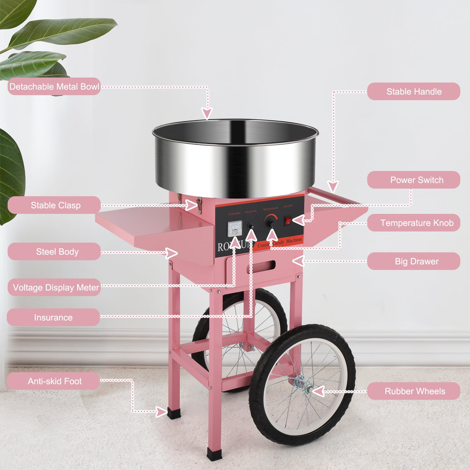 ROVSUN Cotton Candy Machine with Cart Stainless Steel, 21 Inch Electric Cotton Candy Maker Candy Floss Maker w/Sugar Scoop and Large Storage Drawer for Commercial Home Party Carnival, Pink