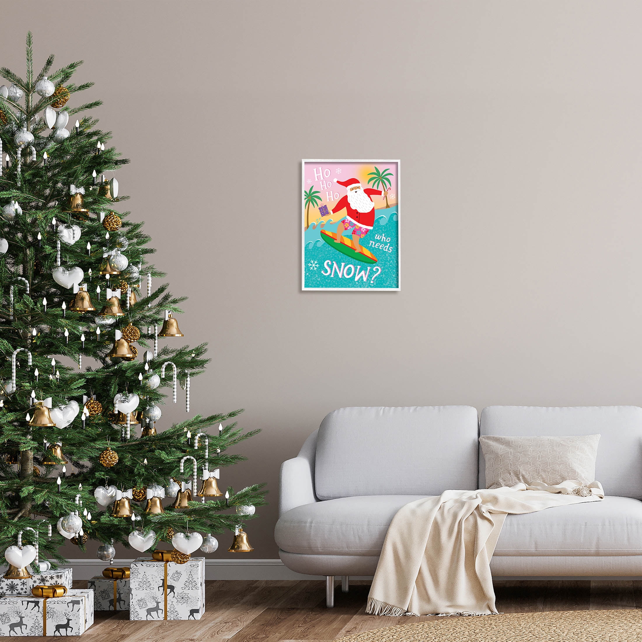 Who Needs Snow Surfing Santa Holiday Graphic Art White Framed Art Print Wall Art