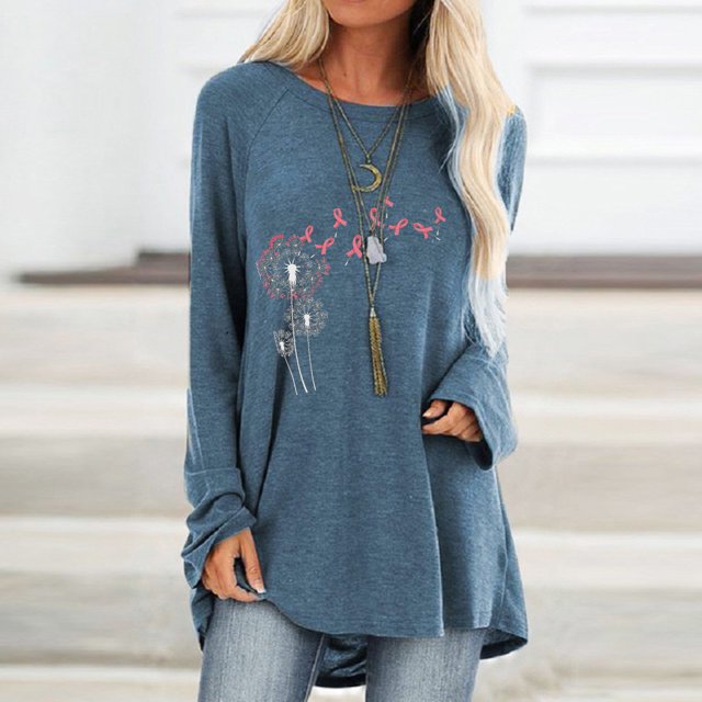 Jsaierl T-Shirts de Sensibilisation au Cancer du Sein pour Femmes, Graphiques Floraux Tendance, Manches Longues, Col Rond, Cadeaux Inspirants pour Femmes