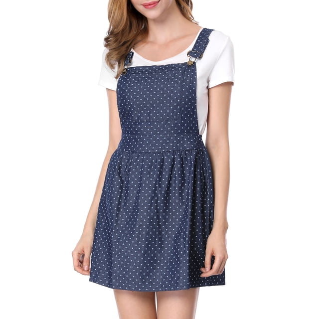 INSPIRE CHIC Robe Salopette Mini Mignonne pour Femme à Bretelles d'Épaule Ajustables L Bleu Foncé à Pois