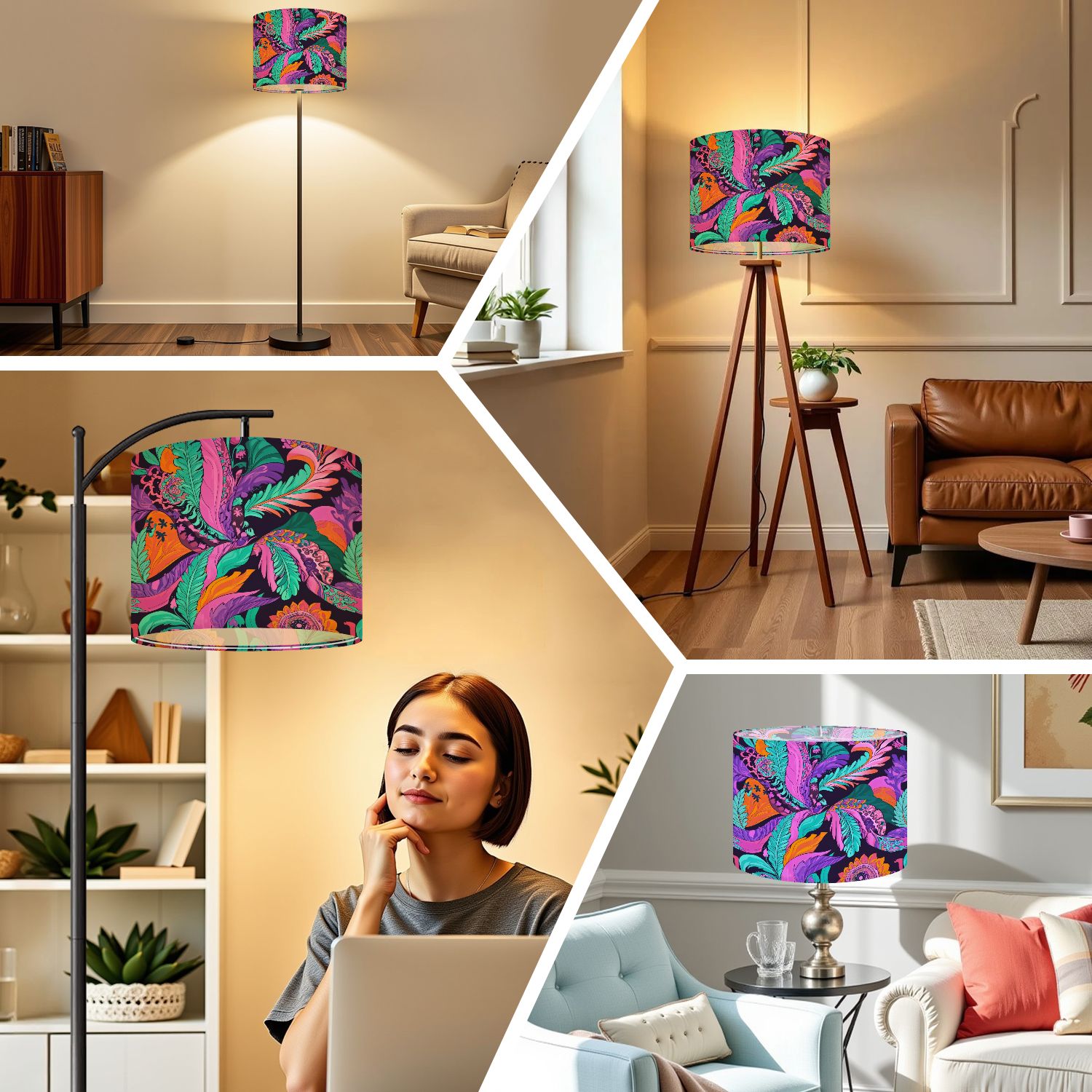Linen Drum Lampshades Bright colorful seamless floral plants psychedelic vibrant funky 13"x13"x10" Light Shade for Table Lamps Floor Lamps Drum Lamp Shades Lampshade Replacement Assembly Required
