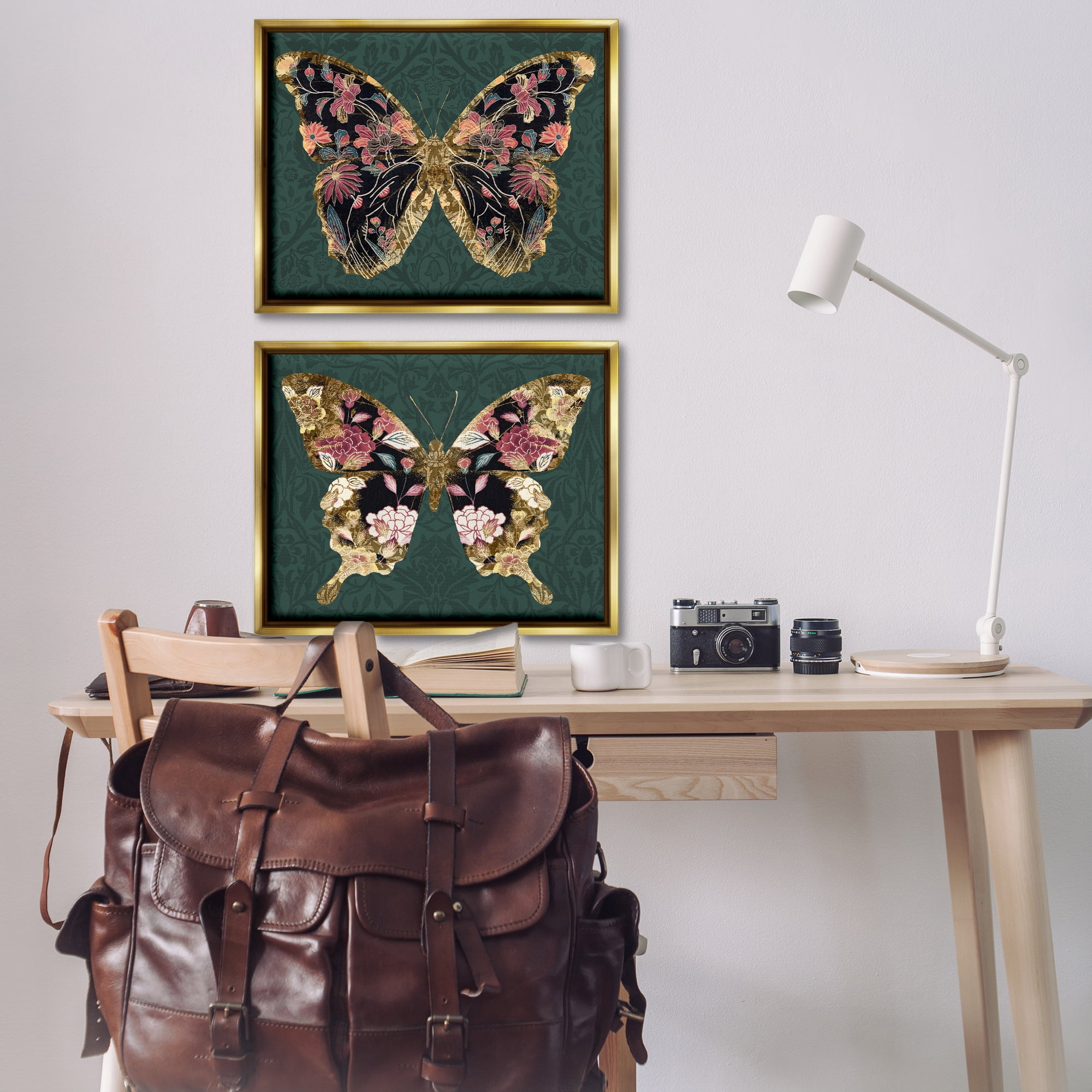 Stupell Industries Gold Black Floral Butterfly Animals Painting Gold Floater Framed Canvas Art Print Wall Art, 31 x 25, Set of 2
