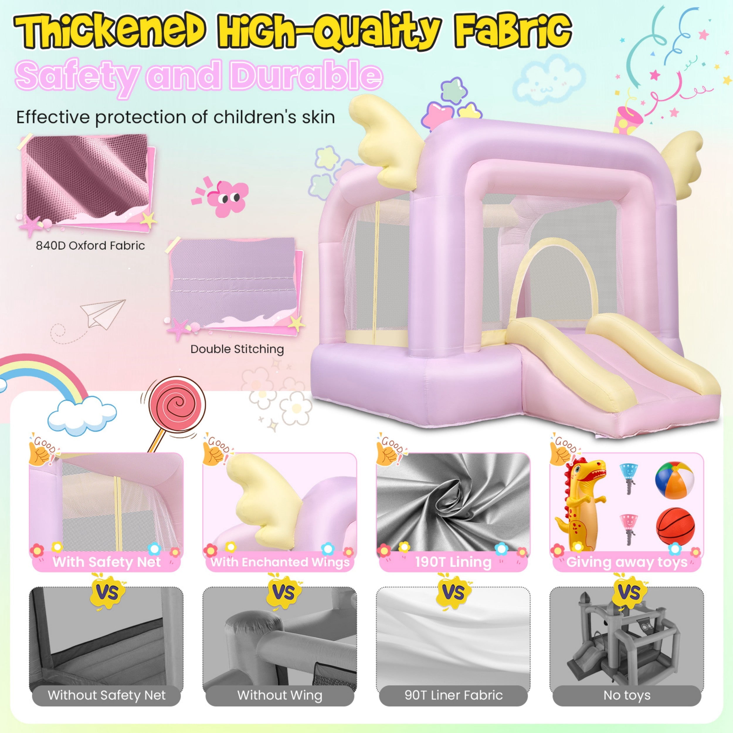 Funcid Inflatable Bounce House for Kids 106"x85"x80" - Macaron Jumping Castle with Slide, Basketball & Complete Party Kit