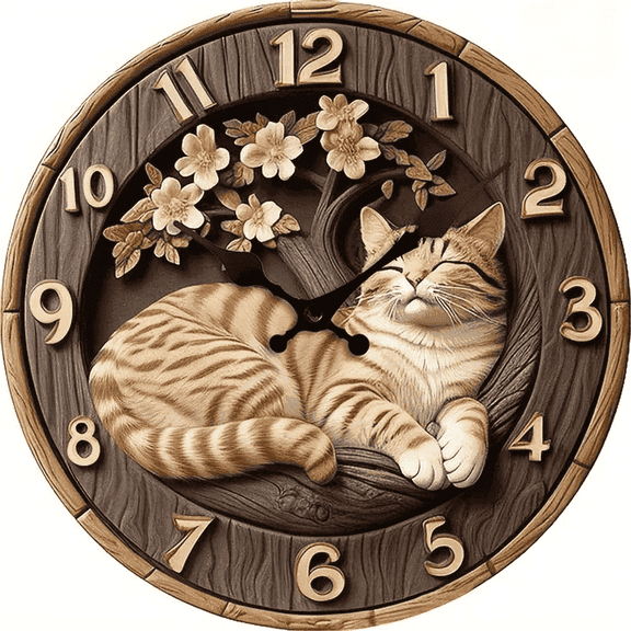 VOCOO 10" Silent Non-Ticking Wooden Wall Clock , 2D Cat and Flower Printed Clock, Round Decorative Wall Clock for Home, Office, School,Battery Operated