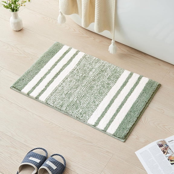 Bath mats for Bathroom Non Slip, Fluffy Absorbent Microfiber Bath mat Washable, Aesthetic Bathroom Rugs, Small Sage Green Striped Bath mat, Sage Green, 24" x 16"