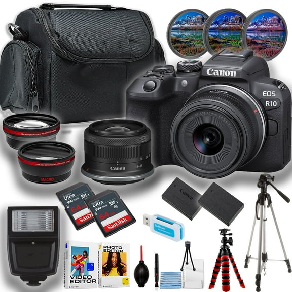 Canon EOS R10 Mirrorless Camera w/18-45mm Lens   2X 64GB Ultra Memory Card   Camera Case   More (22pc Bundle)