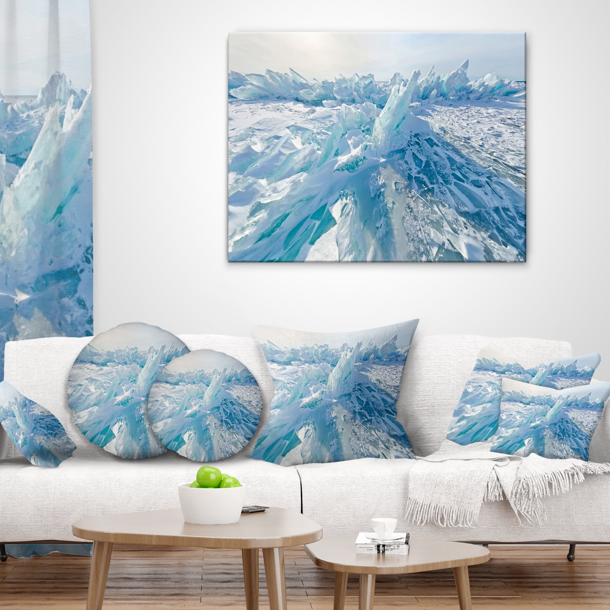 Designart Blue Ice Hummocks in Siberia Lake Baikal - Landscape Printed Throw Pillow - 16x16
