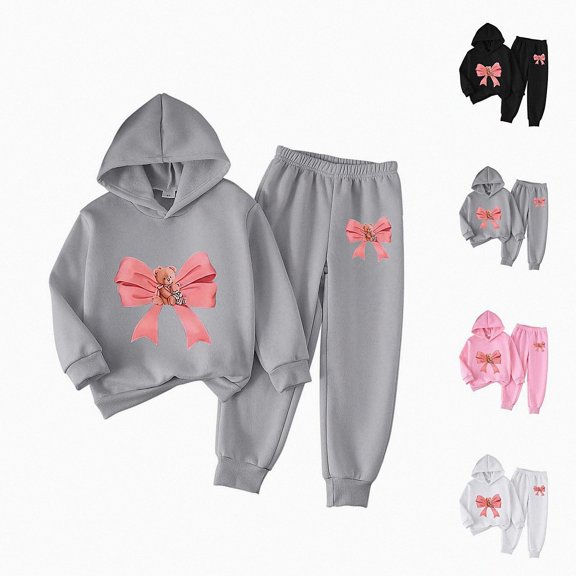 Vornjynx Girls 2 Piece Outfit(2-7)Hooded Sweatshirt with Bear and Butterfly Bow Print and Elastic Waist Jogger Pants Set Casual Clothing Set Gray Size 5T
