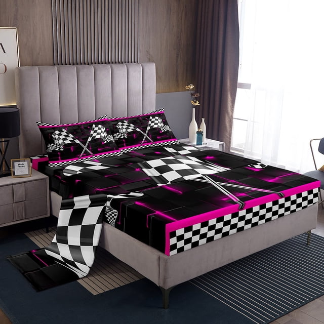 Erosebridal Racing Car Flag Bed Sheets Set Queen Size, Hot Pink Bed Sheets Queen, 3D Rectangle Decor 4 Pieces