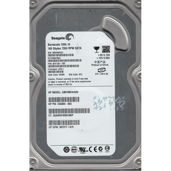 ST3160815AS, 5RX, WU, PN 9CY132-785, FW HPG1, Seagate 160GB SATA 3.5 Hard Drive