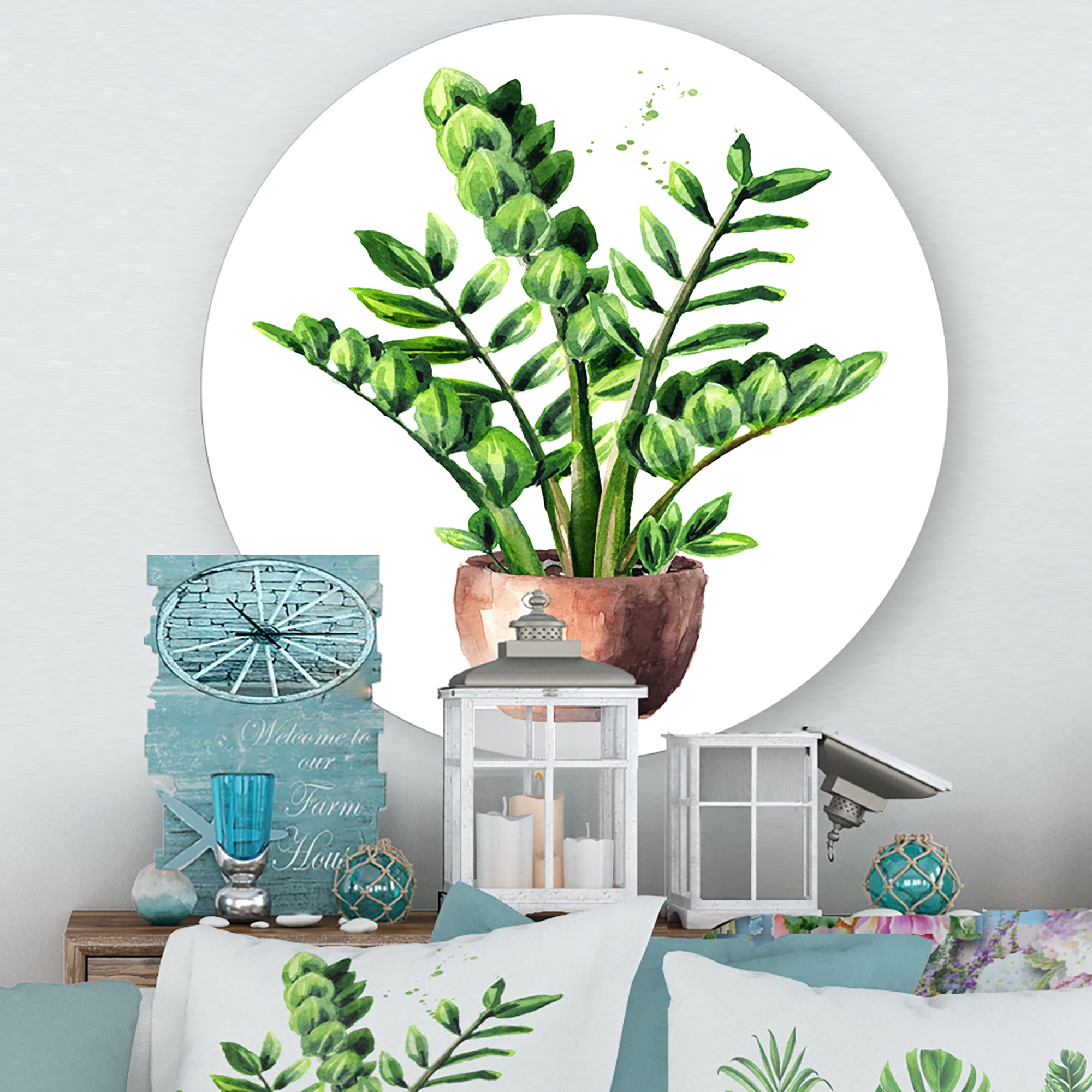 Designart 'Zamioculcas Tropical Plant With Green Leaves On White' Traditional Circle Metal Wall Art 11x11 - Disc of 11