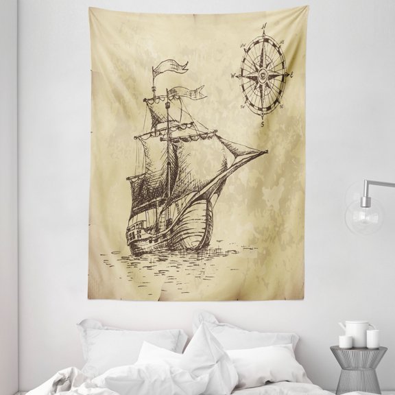 Compass Tapestry, Hand Drawn Old Paper Style Background Ancient Ship Flags Journey Navigation, Wall Hanging for Bedroom Living Room Dorm Decor, 60W X 80L Inches, Brown Sand Brown, by Ambesonne