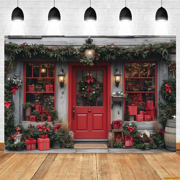 Christmas Gifts Store Photography Background Snow Xmas Tree Gifts Shop Window Door Wreath Kids Portrait Photocall Backdrop r