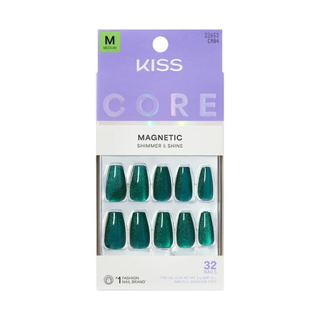 KISS CORE Magnetic Press On Nails, ‘Shimmering’, Green, Medium Coffin, 32 Count