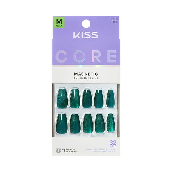 KISS CORE Magnetic Press On Nails, ‘Shimmering’, Green, Medium Coffin, 32 Count