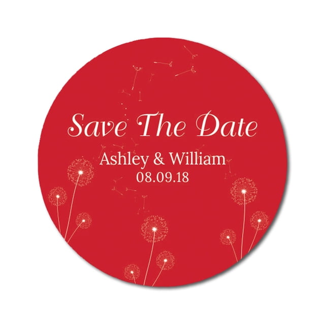 Darling Souvenir Round 45 Pcs Dandelion Wishes Save The Date Stickers Personalized Bride Groom Names And Date Envelope Seals - Red