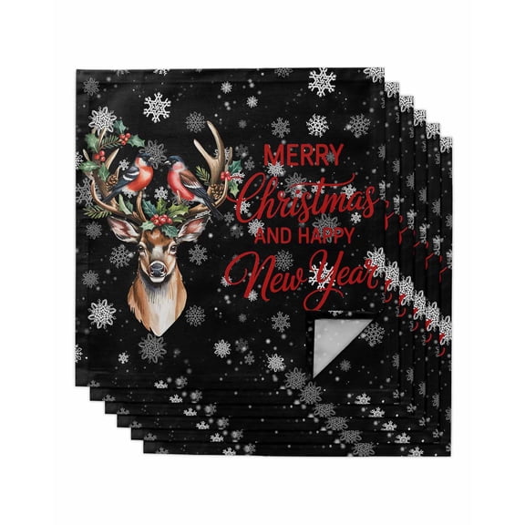 Black Christmas Cloth Napkins Set of 6 Reusable Dinner Napkins, Winter Elk Cardinal Berry Snowflakes Cocktail Napkin Washable Table Napkins for Wedding/Holiday Party/Baby Shower 20"x20"
