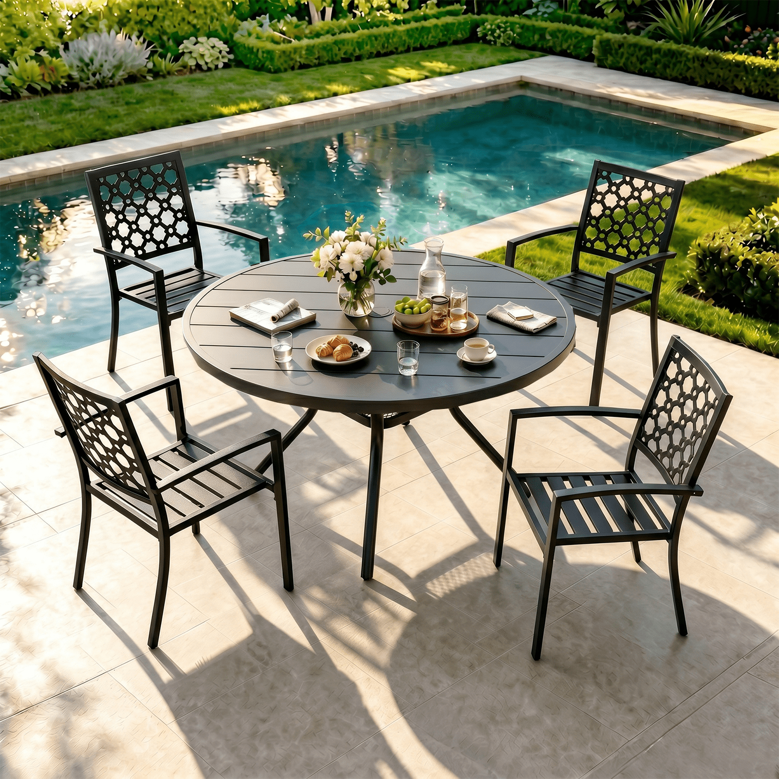 Stackable Outdoor Patio Chairs Set of 2, Black Wrought Iron Metal Outdoor Dining Chairs 450LBS, High Back Heavy Duty Durable  Outdoor Bistro Chair for Outside, Lawn, Backyard, Deck, Exterior, Porch