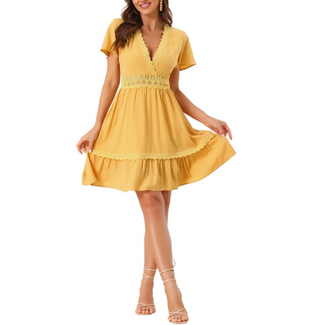 Unique Bargains Robe d'Été à Manches Courtes Col en V avec Bordure en Crochet Ourlet à Volants Jaune TG
