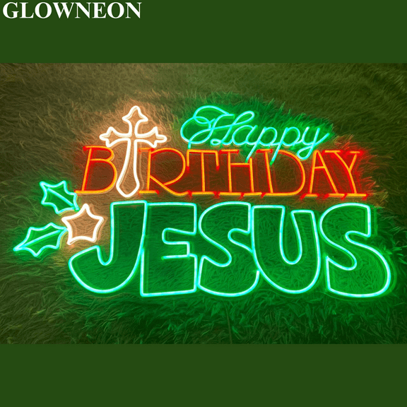 Glowneon Happy Birthday Jesus Wall Art, Christmas Jesus Home Led Sign