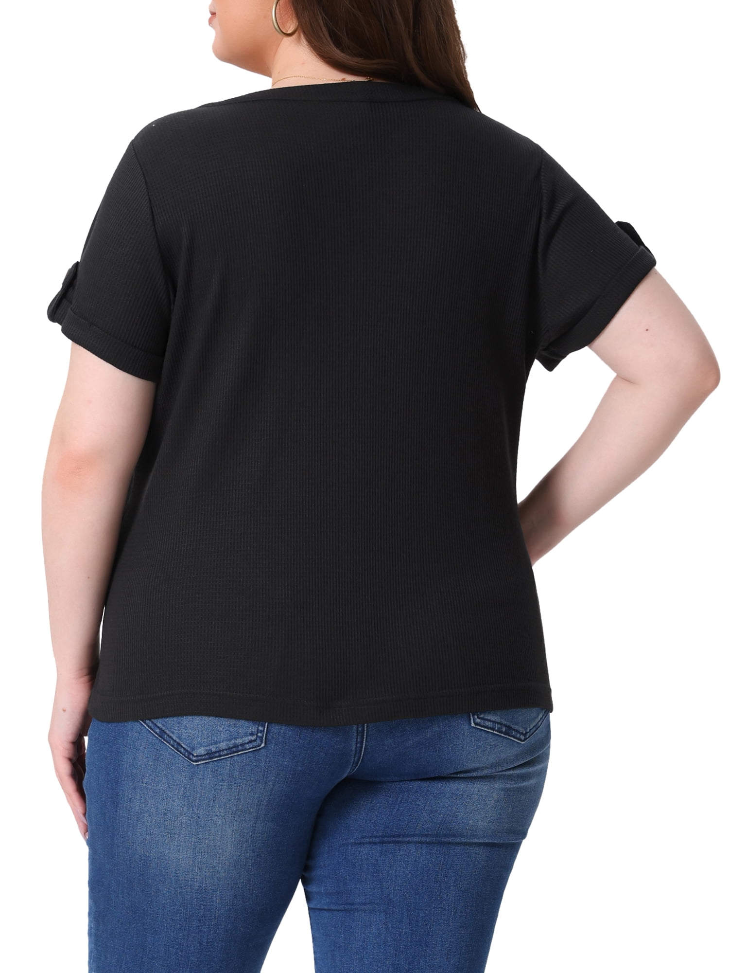 Women's Plus Women's Waffle Tunic Tops Short Sleeve Button V Neck Casual Blouse 1X Black