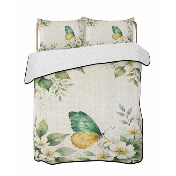 Quilts Queen Size Bedding Set, Spring Floral Lightweight Quilted Comforter, Watercolor Botanical Flowers Butterfly Beige Reversible Bedspread Coverlet with Pillow Covers for All Season, 90" x 96"