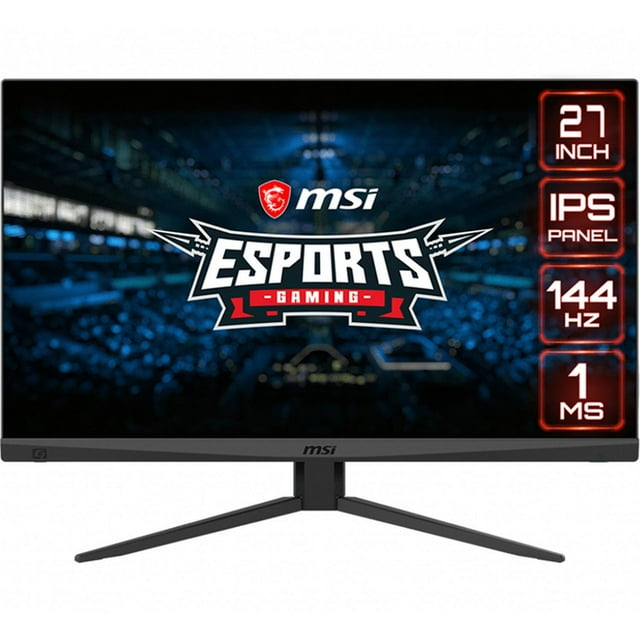 monitor gamer 27 msi optix mag274 1ms 144hz full hd msi optix mag274 27" (69 cm) negro, vista frontal centrada con base de tres patas y logo MSI en el bisel inferior; pantalla IPS FHD 1920 x 1080 con gráfico "ESPORTS" y rótulos laterales que indican IPS, 144 Hz y 1 ms; compatible con FreeSync Premium para juego fluido.