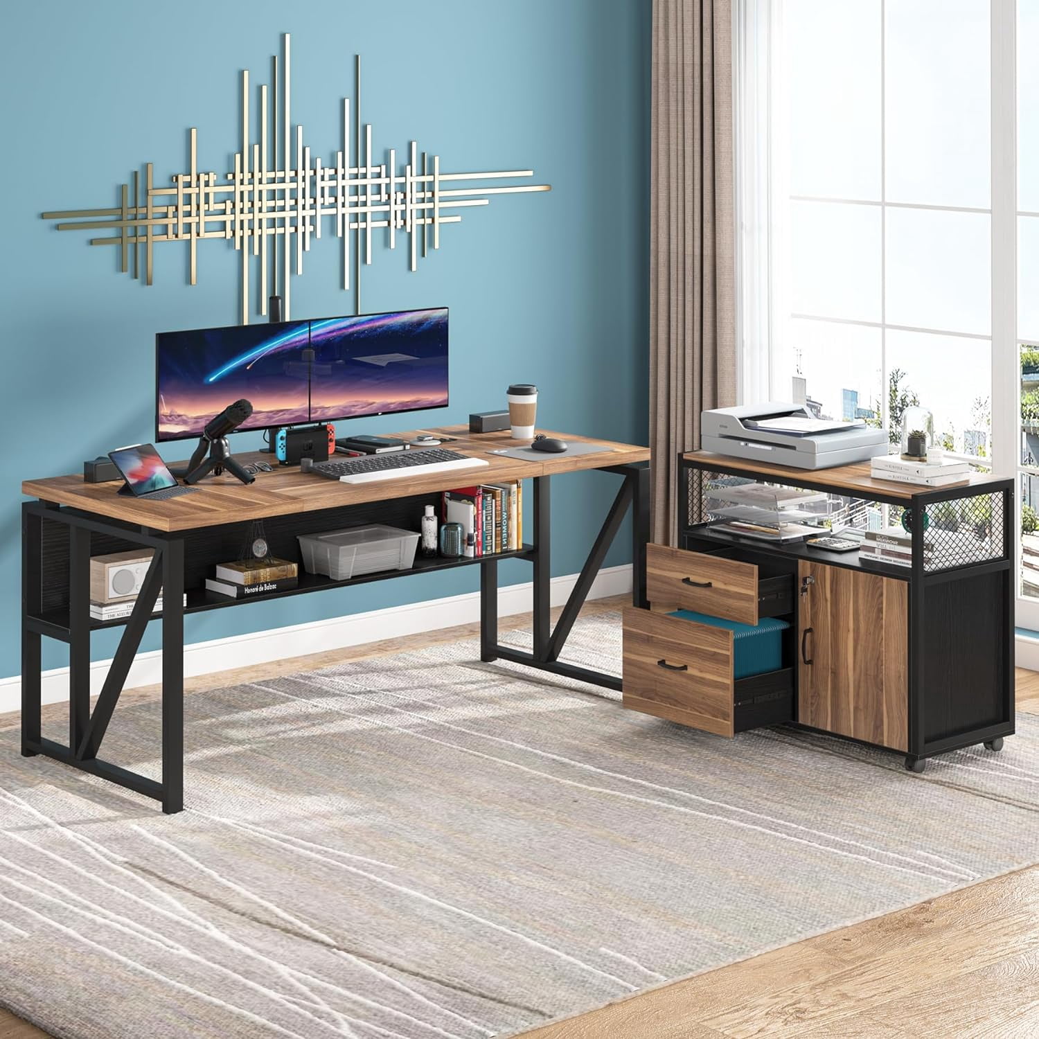 63" L Shaped Executive Desk with Drawer Cabinet, Computer Desk and Lateral File Cabinet, 2 Piece Home Office Furniture