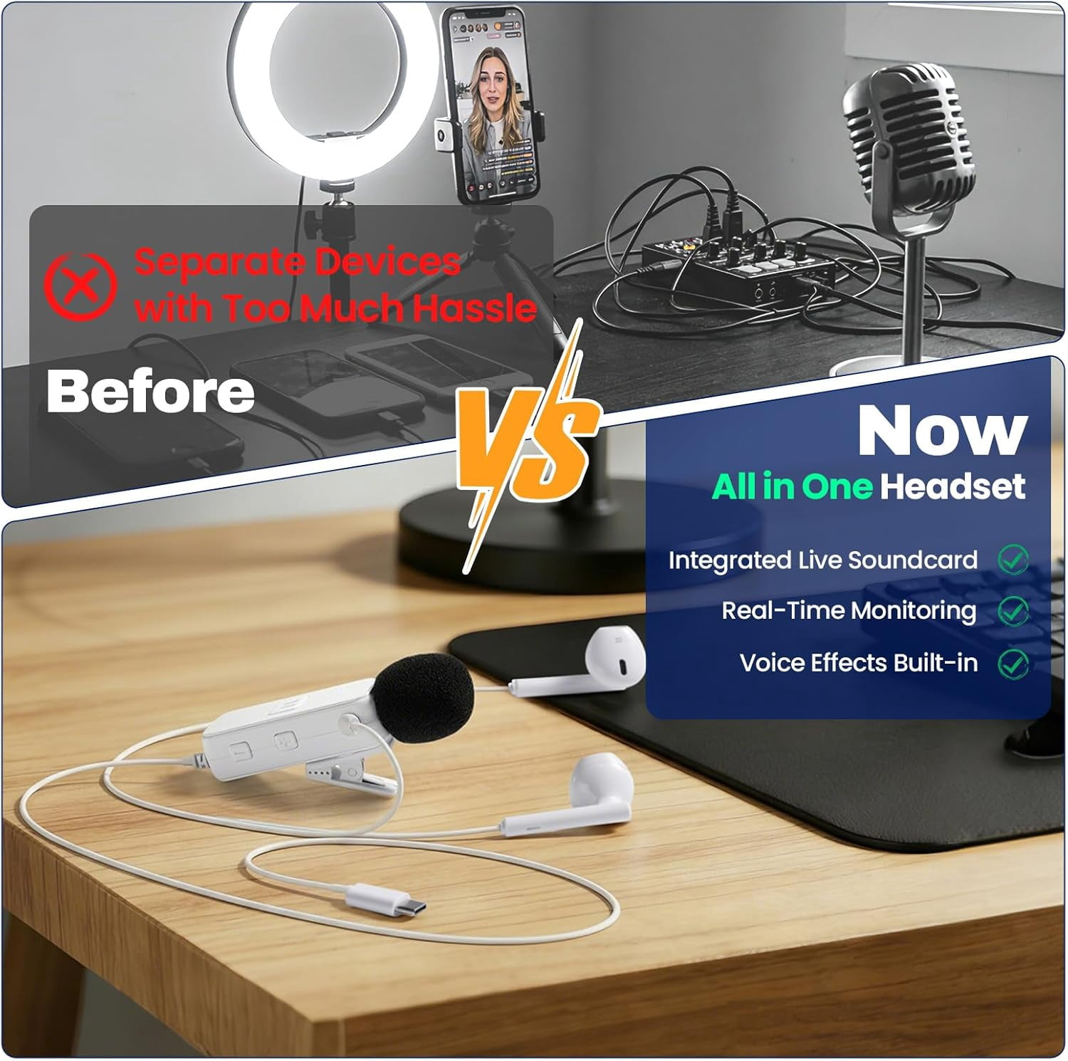 Sound Card Karaoke Headset with Real-Time in-Ear Monitoring & Microphone, 7 Sound Effects Voice Changer, Karaoke Headphones with Lavalier, 2 Modes Live Streaming Sound Card & Wired Earbuds Earphones