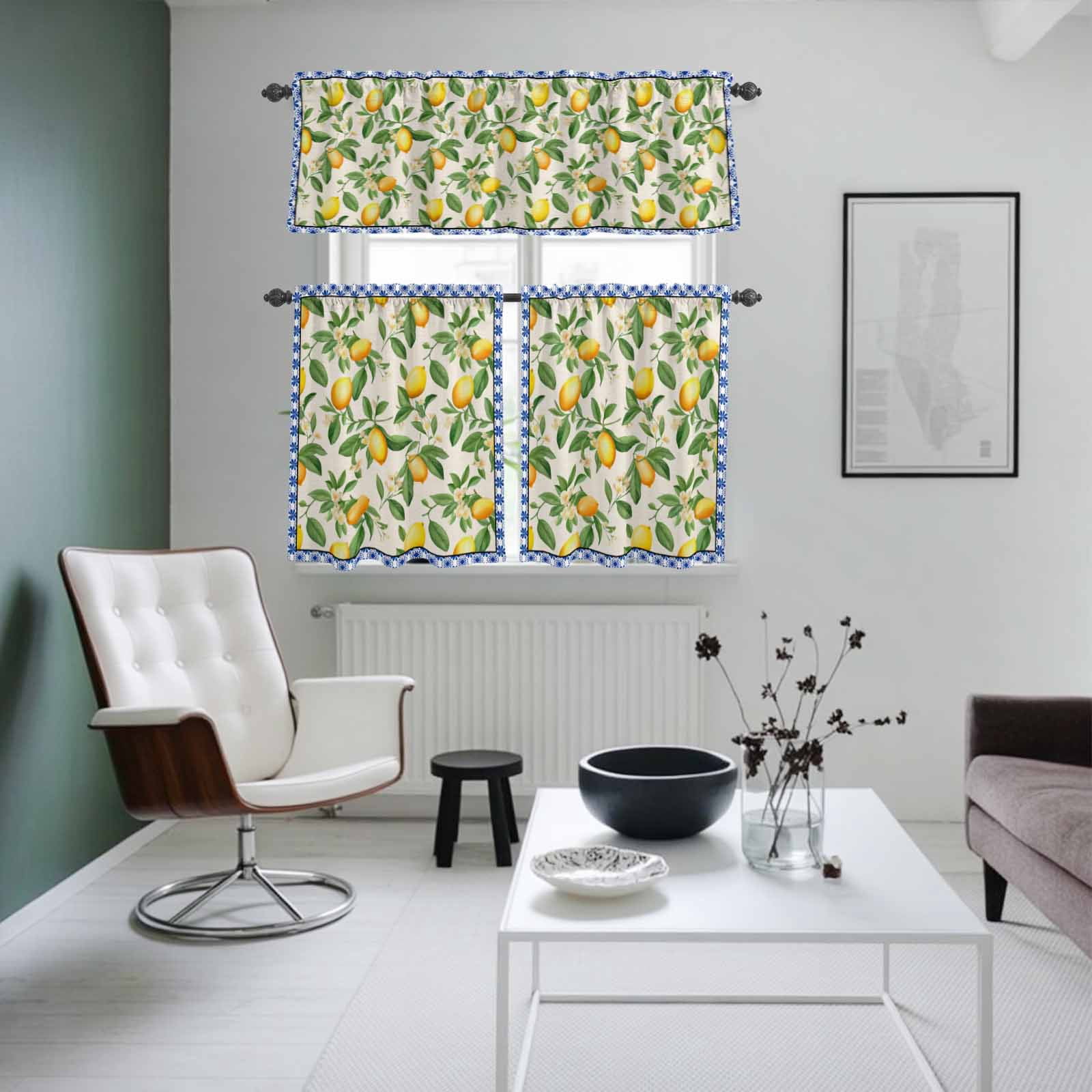 Lemon with Kitchen Curtains Valances 3 Piece Set, Leaves Blue Floral Pattern Linen Style Rod Pocket Tier Curtain and Valance Drapes for Small Window 36 Inch Length for Bedroom Cafe