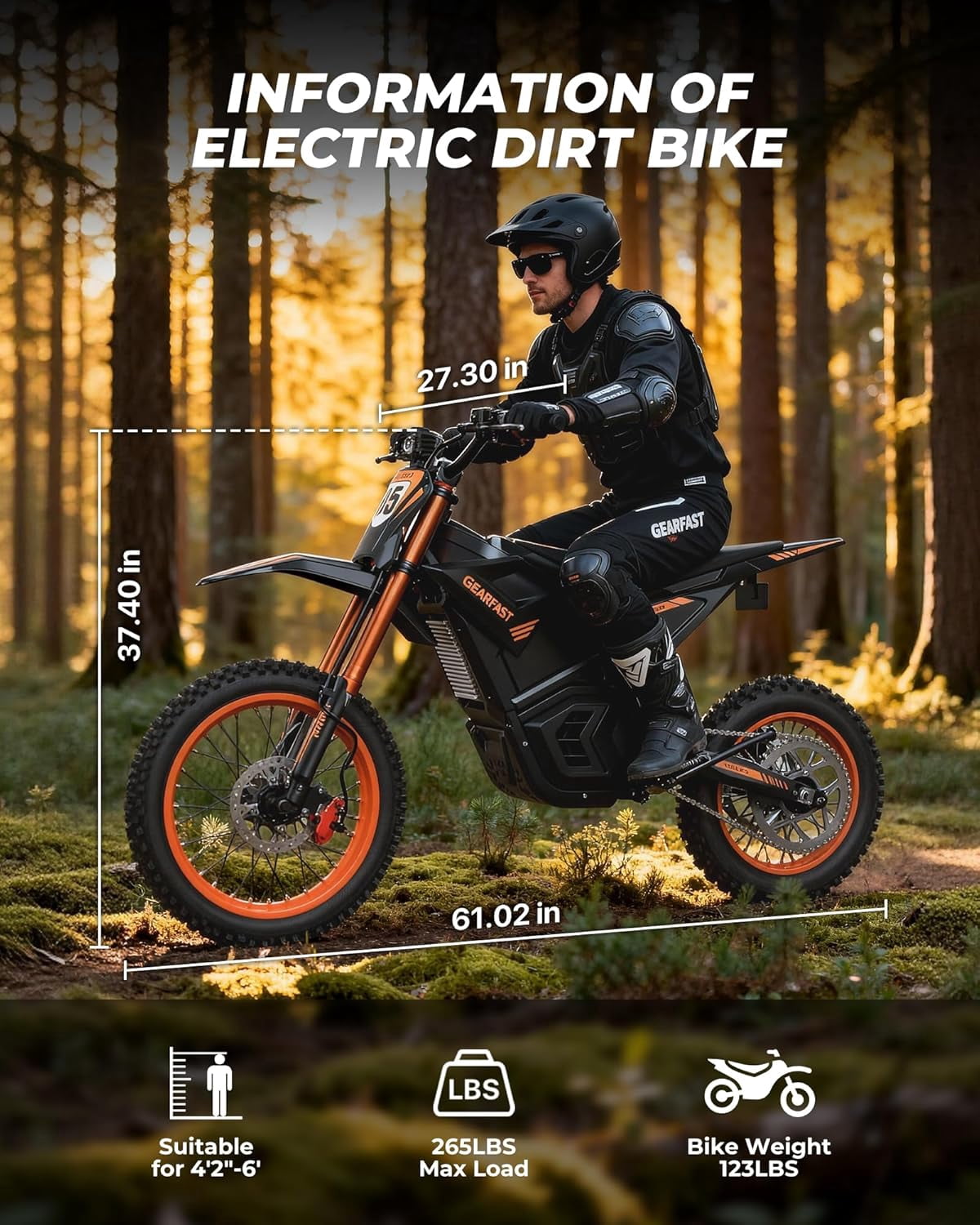 GOLUCKY Electric Dirt Bike, 3500W, 43MPH & 60 Miles, 48V/23.5AH Removable Battery, 14"/12" Tire, Hydraulic Brakes & Full Suspension, Mountain Off-Road E Dirt Bike