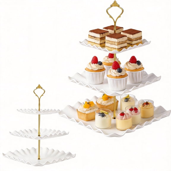 3 Tier Square Cupcake Stand 1PC 14.5" Height Dessert Tower with 6/8/10 Inch Tiered Trays Heavy Duty Plastic Serving Platter White
