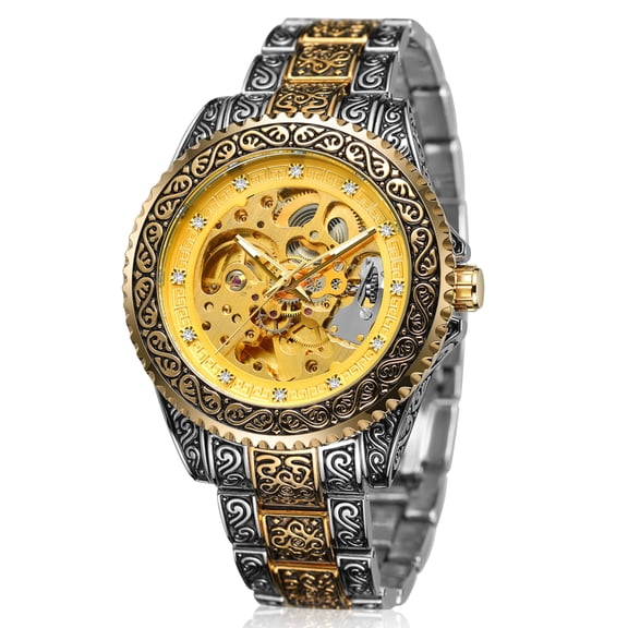 TSV Luxury Men's Stainless Steel Automatic Mechanical Wrist Watch Gold Tone Skeleton