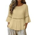 thumbnail image 6 of thefmos Women Summer Round Neck 3/4 Sleeve Lace Trim Flowy Boho Casual Pullover Tops Dressy Casual Loose Blouses Fall Shirts Clothes, Khaki XL, 6 of 8