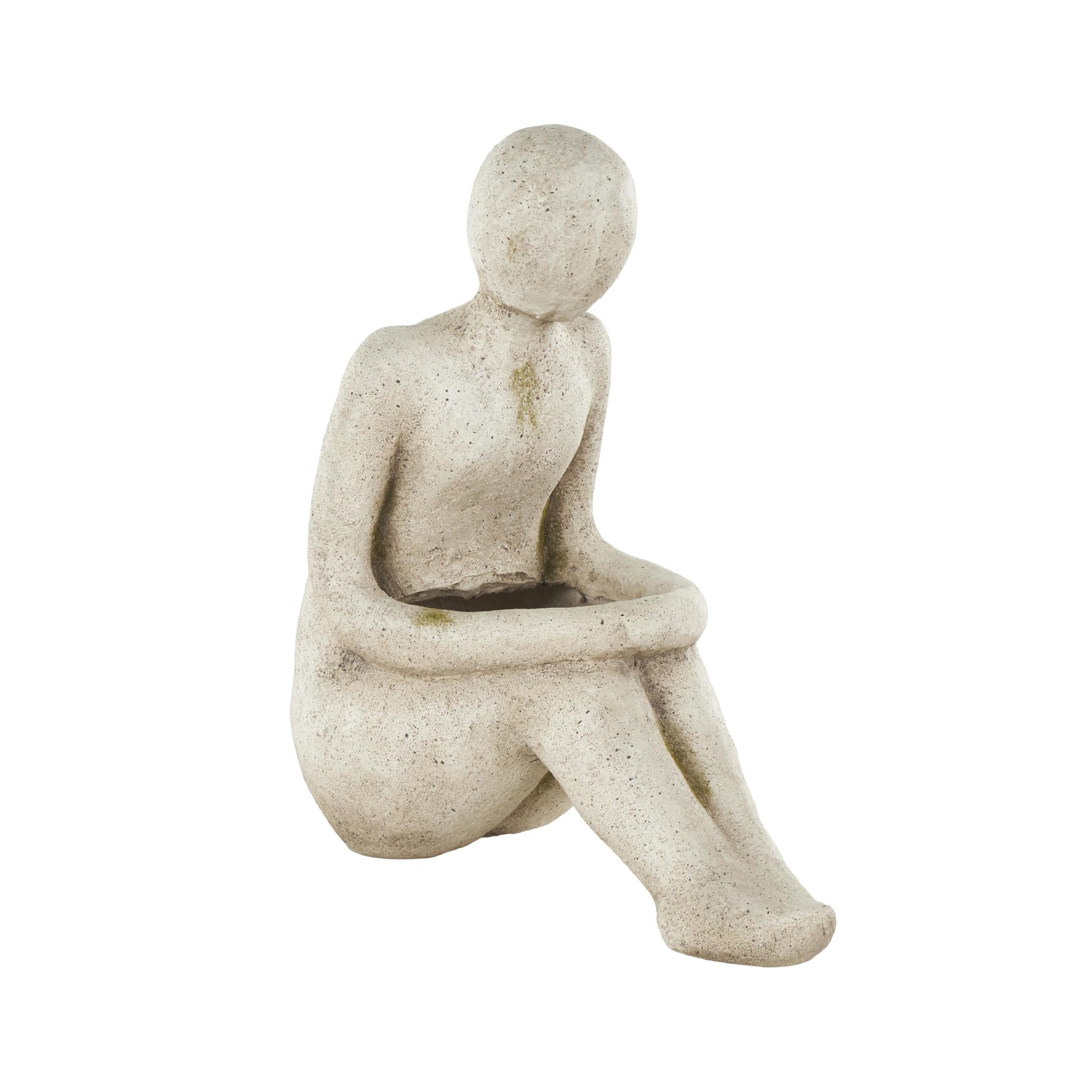DecMode 16" x 17" Sitting Cream Polystone People Planter