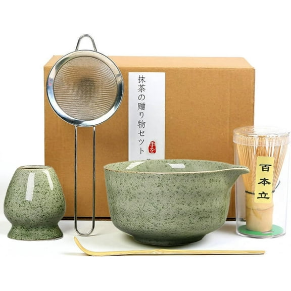 Matcha Whisk Set, 17oz Ceramic Bowl with Spout, Bamboo Matcha Scoop and Stainless Sifter - 5 Pcs Jade Green Matcha Kit, Matcha Kit for Making Breakfast/Latte,Gift for Matcha Lovers