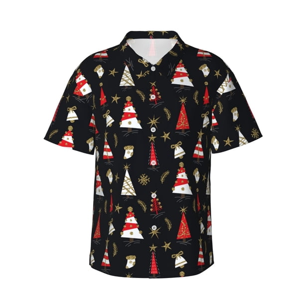 Fotbe Christmas Tree and Gold Socks Camisa Hawaiana para Hombre Unisex – Camisa Casual de Verano con Botones de Manga Corta de Algodón y Lino,Small
