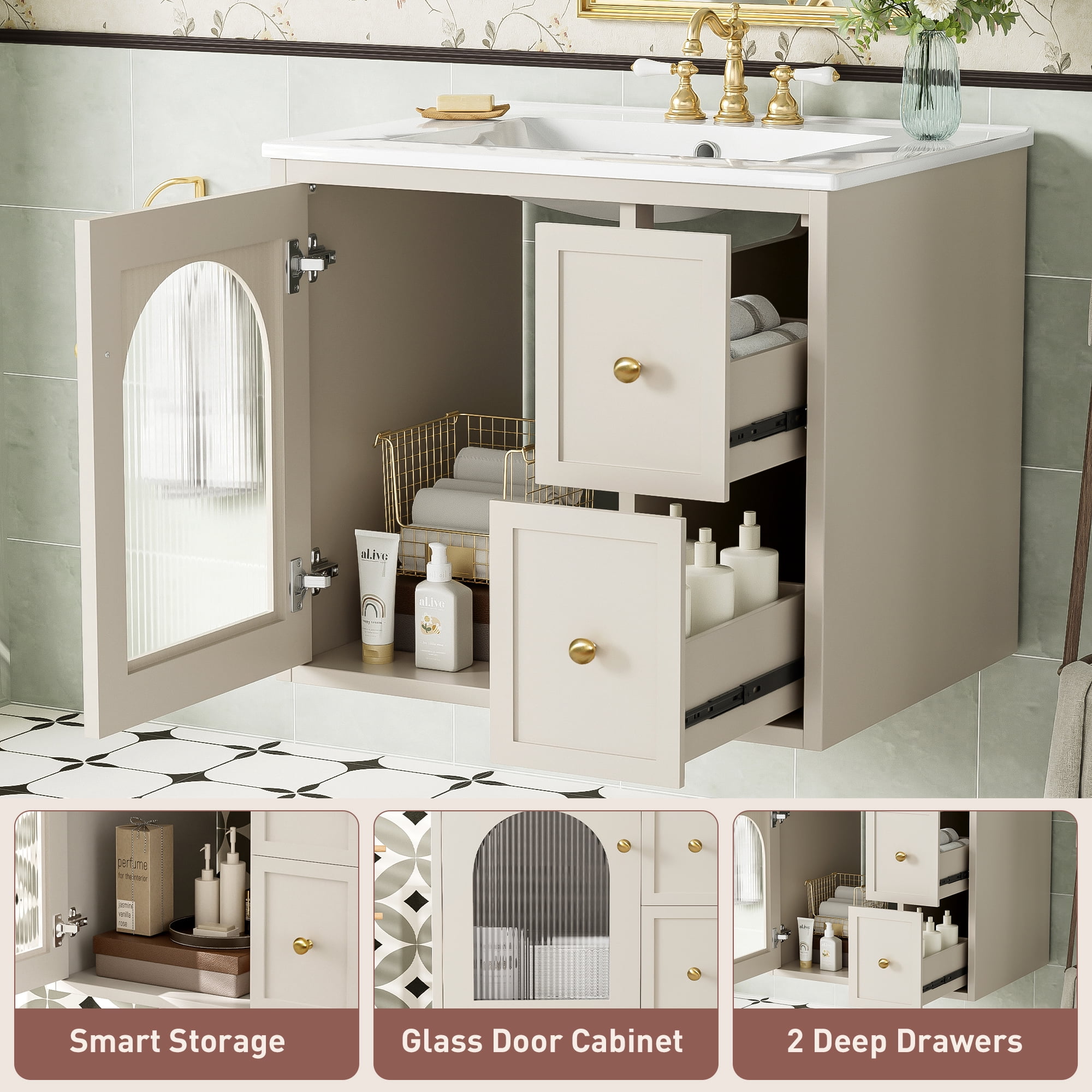Euroco Wall-Mounted Bathroom Vanity with Ceramic Sink – Glass Door Cabinet, 2 Drawers, Overflow Drain, Easy Assembly & Modern Minimalist Design