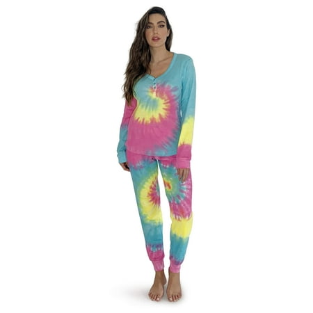 #FollowMe Women's Printed Henley Thermal Underwear Set with Jogger Pant (Tie Dye Pastel Swirl, X-Small)