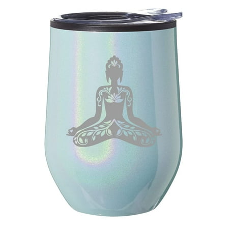 

Stemless Wine Tumbler Coffee Travel Mug Glass With Lid Gift Buddha Yoga Lotus (Blue Glitter)