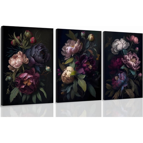 FCCUYE Moody Floral Wall Art, Vintage Blue and Gold Framed Canvas Wall Art Set of 3, Dark Academia Floral Prints, Gothic Flower Pictures for Bedroom Living Room Decor, Elegant Botanical Home Decor