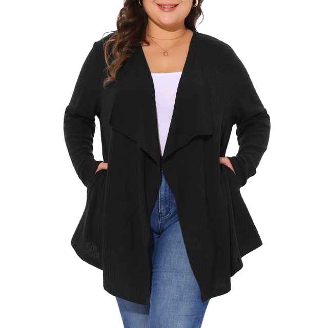 Suéter de mujer de talla grande GRACE & GRANDEUR, cardigan de manga larga con frente abierto y dobladillo irregular 3X negro