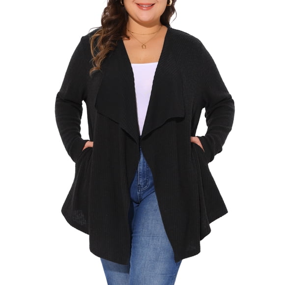 Suéter de mujer de talla grande GRACE & GRANDEUR, cardigan de manga larga con frente abierto y dobladillo irregular 3X negro