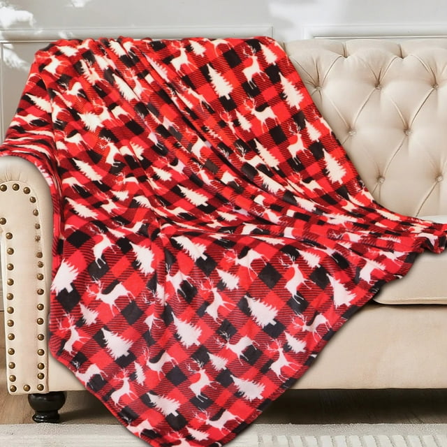 Hitime Couverture Jetée de Noël - Cerf Rouge et Blanc de Noël, Couverture en Peluche Ultra Douce, Décor Léger et Chaud pour Lit, Canapé, Soirées Cinéma (Jetée - 50"x60 Pouces)