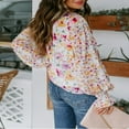 thumbnail image 4 of CHUANK Chemisier Boho à Imprimé Floral pour Femmes, Col en V, Manches Bouffantes Décontractées, Tunique à Cordon, Rose m, 4 of 12
