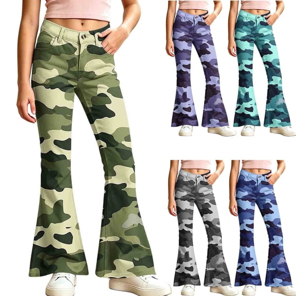 Spazoro Girls Flare Pants with Pockets, Button Closure Camouflage Print Relaxed Fit Lightweight Retro Bell‑Bottom Trousers for Street Daily Wear Green Size 9-10