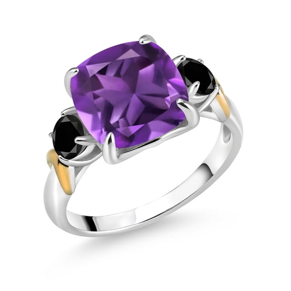 Gem Stone King 925 Silver and 10K Yellow Gold Purple Amethyst and Black Diamond 3 Stone Ring for Women (3.54 Cttw, Gemstone February Birthstone, Cushion 10MM, Round 4MM, Size 9)